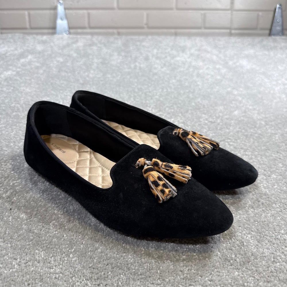 Birdies Blackbird Tassel Loafer Black Suede Velvet Smoking Animal Print 8.5